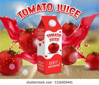 Tomato juice ads. Vector realistic illustration of tomato juice carton box packaging mockup, fresh and ripe tomatoes, tomato juice splashes.