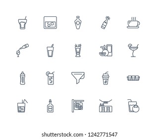 Tomato juice, Bar, Pub, Rum, Cuba libre, Coffee, Orange Filtration, Baby bottle, Daiquiri, Gin outline vector icons from 20 set