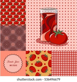Tomato juice big set. Five colored different seamless patterns, isolated glass of juice and tomato and label.
