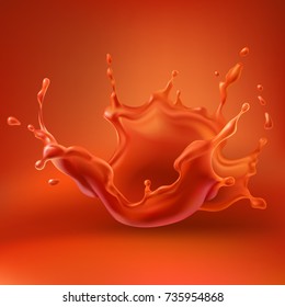 Tomato Juice, Blood Or Red Paint Splash With Spray Realistic Vector Illustration On Gradient Background. Frozen In Air Splashing Liquid, Fluid Blow-up Design Element For Food Product Or Drink Ad