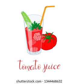 Tomato juice with celery and ice. Colored postcard.