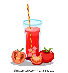 Tomato juice in a clear glass with sliced ​​tomatoes placed on the side.Vector illustration isolated on white background.