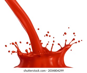 Tomato juice drink flow with crown splash. Red paint pouring motion, fresh vegetable or fruit juice 3d realistic vector stream, isolated splash with droplets. Healthy diet and natural drink background