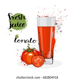 Tomato Juice Fresh Hand Drawn Watercolor Vegetable And Glass On White Background Vector Illustration