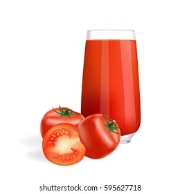 Tomato  juice and fresh tomato isolated on white background, vector illustration.