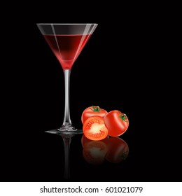 Tomato juice and fresh tomato isolated on black background, vector illustration.