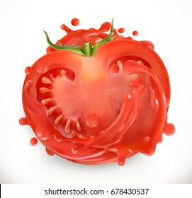 Tomato juice. Fresh vegetable. 3d realism, vector icon.