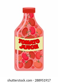 Tomato juice. Juice from fresh vegetables. Tomatoes in a transparent bottle. Vitamin drink for healthy eating. Vector illustration.