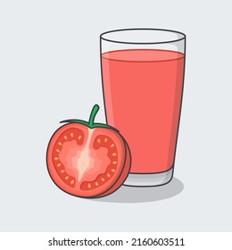 Tomato Juice With Fruit In Glass Cartoon Vector Illustration. Tomato Juice Flat Icon Outline