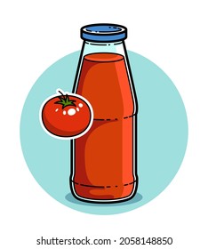 Jugo de tomate en una botella de vidrio aislado en ilustración vectorial de fondo blanco, logo de estilo de dibujos animados o insignia para jugo fresco puro, bebida alimenticia deliciosa y saludable. 