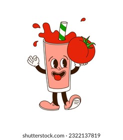 Tomato juice glass character in comic cartoon style on transparent background. Hand drawing of funny mascot of honey drink in retro style. Isolated vector illustration