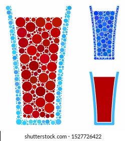 Tomato juice glass composition of filled circles in various sizes and shades, based on tomato juice glass icon. Vector filled circles are organized into blue composition.