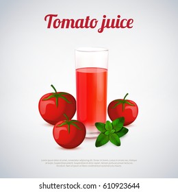 Tomato juice in glass with ingredients including fresh vegetables and green basil on light background vector illustration 
