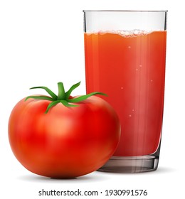 Tomato juice in glass isolated on white background. Whole tomato fruit with fresh squeezed juice glass