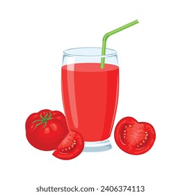 Tomato juice in glass isolated on white background. Fresh vegetable drink. Vector cartoon illustration.