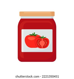 Tomato juice in glass jar, tomato pasta. Bottle with preserve, canning. Vector illustration