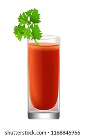 Tomato juice in a glass, with parsley on a white background, mockup for design, vector illustration. Bloody mary cocktail.