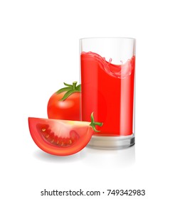 Tomato juice in glass realistic vector illustration.