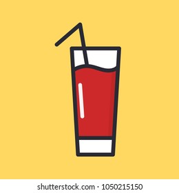 Tomato juice in glass. Red drink icon. Cocktail with straw. Vector icon in flat style. Illustration isolated on background.