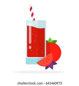 Tomato juice in a glass, a slice of a tomato and a whole tomato vector flat material design isolated on white