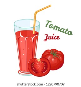 Tomato juice in glass with straw and fruit isolated on white background. Vector illustration of fresh drink in flat cartoon style.