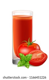 Tomato juice in a glass, tomatoes with basil on a white background, mockup for design, vector illustration.