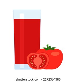 Tomato juice glass with whole and half tomato, smoothie food. Cut vegetables cooking vegetarian drink. Red beverage in cup, fresh vegetable drink for healthy eating. Vector illustration