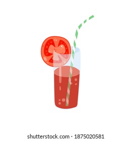 Tomato juice isolated on white vector illustration. Summer refreshing cocktail design element. Healthy vegan beverage in cartoon style.