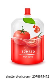 Tomato Juice Jelly Drink In Foil Pouch With Top Cap And Design Of Tomato Fruit Red Packaging Mock Up. Isolated On A White Background. Realistic 3D Vector EPS10 Illustration.