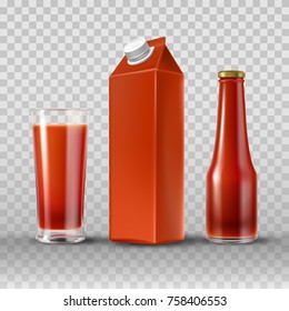 Tomato juice and ketchup in paper box, drinking glass and glass bottle, realistic vector set isolated on transparent background. Mock up package, brand design for tomato products, elements for food ad