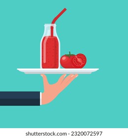 Tomato juice on tray. Waiter serves cocktail smoothie. Tasty vegetable. Template for menu or banner for healthy eating. Fresh energetic drink for healthy life. Vector illustration.