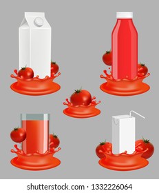 Tomato juice package mockup set. Vector realistic illustration of natural vegetable juice in glass, plastic bottle and carton pack with liquid splash, ripe fresh tomatoes.