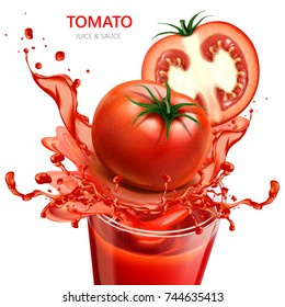 Tomato juice and sauce, 3d illustration fresh tomato with splashing liquid and a glass cup isolated on white background, design elements