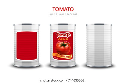 Tomato juice or sauce package, white metal can container in 3d illustration isolated on white background