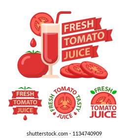 Tomato juice and slices. Badge and emblems of tomato juice for fit and healthy life. Vector elements made in flat style.