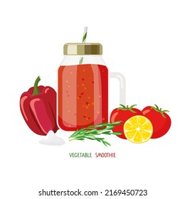 Tomato juice or smoothie in mason jar. Glass smoothie cup with red liquid, ingredients. Food and drinks For menu, healthy eating banner. Fresh energetic detox drink. Organic raw shake, healthy food.