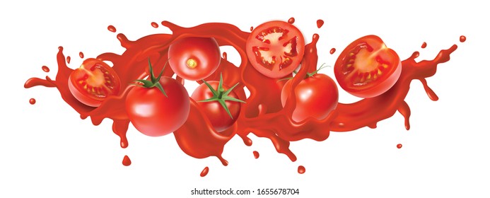 Tomato juice splashes whole and sliced vegetables on white background realistic vector illustration