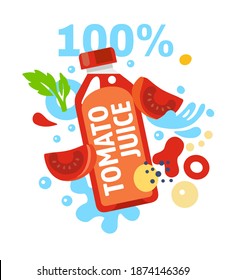 Tomato juice with splashing water and leaves and abstract shape. Red bottle, glass. Vector illustration cartoon flat icon 