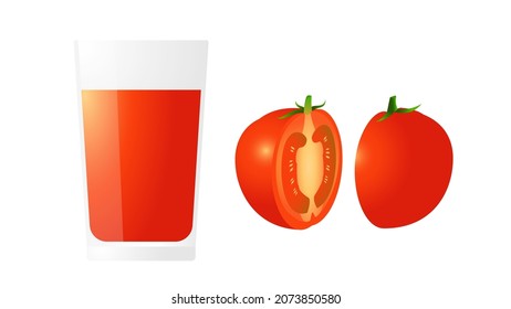 Tomato juice and tomatoes cut in half.