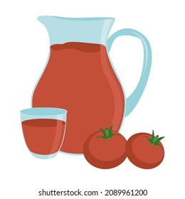 Tomato juice in a transparent glass jug. Isolated vector illustration of vegetables and drink