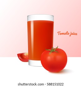 Tomato juice. Vegetable and glass. Colorful realistic illustration for your advertising, packaging design. Vector stock.