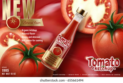 tomato ketchup ad with tilt bottle and tomato elements, 3d illustration