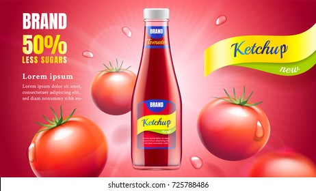 Tomato ketchup ads with bottle with flying fresh tomatoes and water drops on a red background with rays of light, 3d illustration.