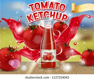 Tomato ketchup ads. Vector realistic illustration of tomato ketchup glass bottle packaging mockup, fresh and ripe tomatoes, tomato juice splashes.