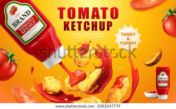 Tomato ketchup banner ad. 3D\
Illustration of tomato ketchup shooting out from plastic bottle\
over fried chicken nuggets and potato wedge flying on orange\
background