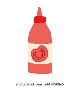 Tomato Ketchup Bottle. Flat Vector Illustration. Cartoon Design Object of Red Vegetable Sauce Isolated on White background. Culinary Seasoning for Hot Dog, Fast Food, Pasta, Barbeque and other Meals.