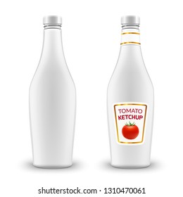 Tomato ketchup bottle on white. Vector ketchup product container. Red sauce food illustration.