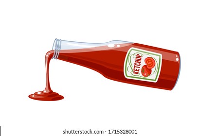 Tomato ketchup bottle pouring sauce, vector illustration cartoon icon isolated on white.