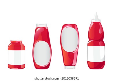 Tomato ketchup bottle. Red sauce container with white label isolated on whie background. Vector illustration in cartoon flat style.