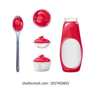 Tomato ketchup bottle. Red sauce container with white label isolated on whie background. Vector illustration in cartoon flat style.